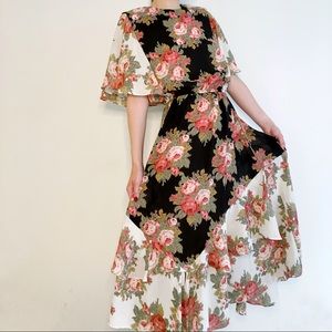 Vintage Black White Floral Short Sleeve Maxi Dress